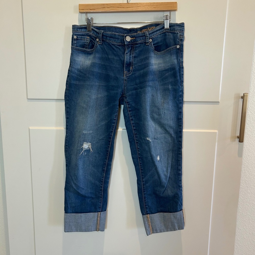 Gap Premium Straight Crop‎ Jeans Womens 10/30 Medium Wash Blue Distressed Cuffed